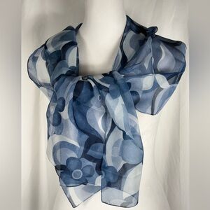 Elegant Blue & White Floral Scarf Shawl Wrap, 58” x 14.5”